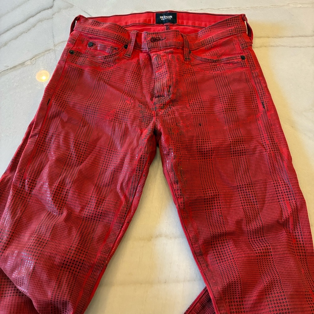 Hudson Nico Coated Red Plaid Print Skinny Jeans